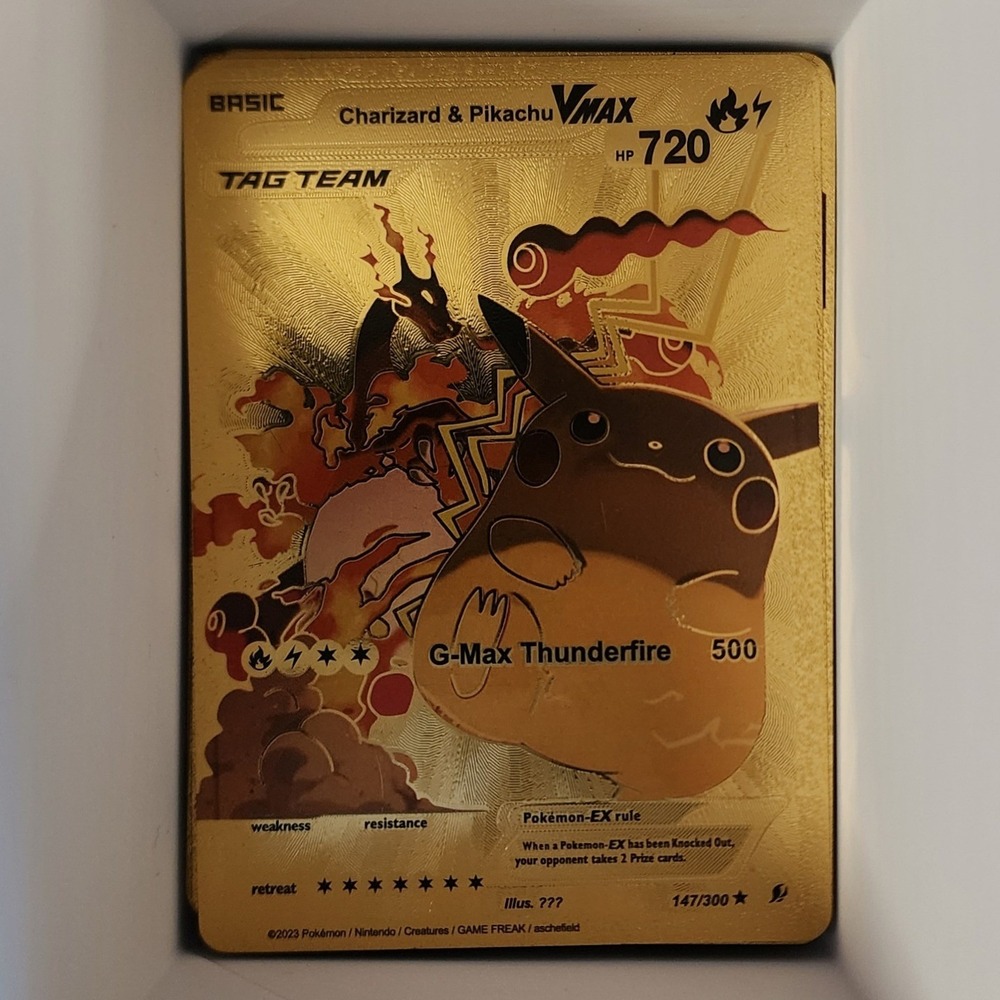 Pokemon Standard Gold Metallic Foil Charizard Pikachu VMAX Tag Team Custom Card
